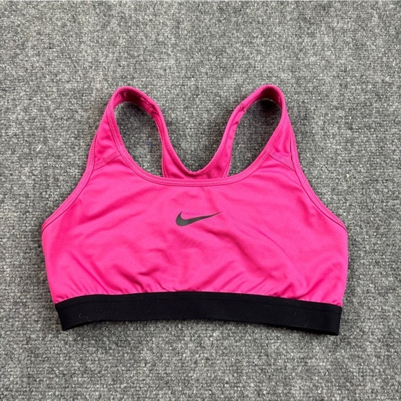 NIKE Women’s Pink/Black Dri-Fit Racerback Swoosh Sportsbra size: Medium - Picture 1 of 6